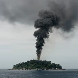 a pillar of black smoke flying above an island, 8 k, realistic, cinematic, metaphor, analogy, photorealistic