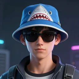 young man in black sunglasses and a shark theme bucket hat, cyberpunk portrait blender cinema 4 d hideaki anno new media art stanley rene lau beeple james jean marc simonetti highly detailed digital painting artstation 4 k render 1 0 4 0 x 1 0 4 0