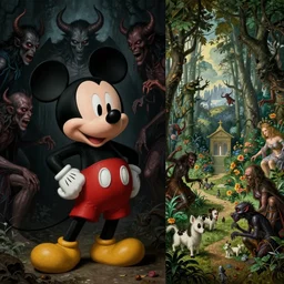 Mickey Mouse as the incubus in The Nightmare by Henry Fuseli surrounded by demons from the right panel of The garden of earthly delights by Hieronymous Bosch