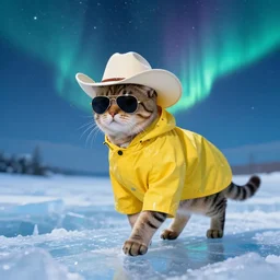 a cat wearing a yellow raincoat, cowboy hat and aviator sunglasses, traversing a world of ice under a beautiful starlit sky with northern lights by leonid afremov