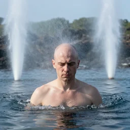 a balded man surrounded by water geysers