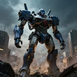 mecha peronist destroying a city, photorealistic, film, cinematic lighting, octane tender, volumetric light, dark - art