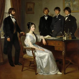 painting by frederic edwin church, balaskas christoper, conrad roset, coby whitmore, and chie yoshii. of a beautiful japanese girl sitting on antique chair leaning against a desk, sideview, victorian room