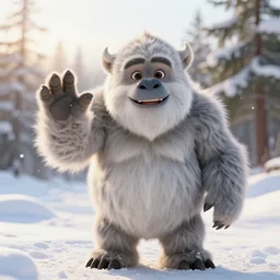 realistic photo scene of a friendly and cheerful yeti waving at the camera, snowy scene, morning sunlight
