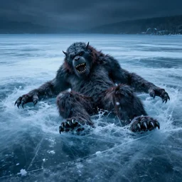 a frozen lake with a monster trapped under the ice, dramatic lighting, cinematic, establishing shot, extremely high detail, photo realistic, cinematic lighting, post processed, concept art, artstation, matte painting, style by eddie mendoza, raphael lacoste, alex ross