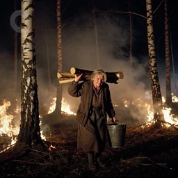 a movie still by tarkovsky of an elder woman carrying wood bucket in a burning birch forest by night, cinestill 8 0 0 t 3 5 mm, heavy grain, high quality, noir, natural textures, photorealistic, natural textures, ambient occlusion, hd, fog, criterion collection