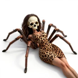 Skull that look too much like skull!, crypt lurker!!, 8k CG character rendering of a spider-like hunting female on its back, fangs extended, wearing a leopard-patterned dress, set against a white background, with textured hair and skin.