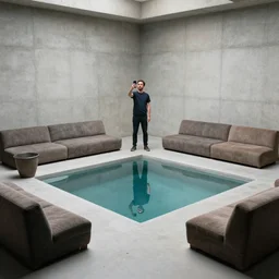 a man taking a selfie in a concrete room, a rectangular pond in the center of the room surrounded by upholstered sofas, a tilt shift photo by leandro erlich, featured on cg society, kitsch movement, hall of mirrors, high dynamic range, studio portrait