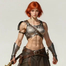 muscular young female warrior, short red hair, fantasy, art by joseph leyendecker, peter mohrbacher, ruan jia, finnian macmanus, marc simonetti, dean cornwell, ayami kojima, vasnetsov, cedric peyravernay, alphonse mucha