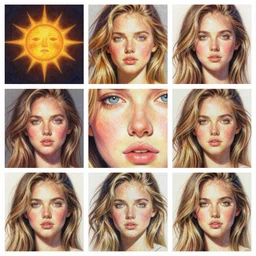 collage, sun face from craigslist ads, color pen and pencil painting