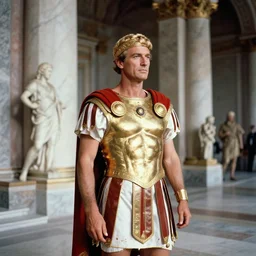 vintage 1 9 6 0 s photograph of a man wearing a roman emperor costume in a pristine marble palace with romans, photorealistic, dramatic lighting, intricate details, award winning photojournalism