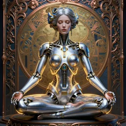 photo of a beautiful female meditating steampunk cyborg, is connected with glowing devices, golden glowing outlines, artwork by james jean, realistic silver and blue metallic, jean delville, art nouveau, gustav klimt, ornate copper patina gothic icon, james jean, ultrasharp hyperdetailed photorealistic octane render