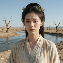 close-up of a crying ancient dried up Danu, peaceful, facing the camera and standing in front of a dried up river in a desolate land, dead trees, blue sky, hot and sunny, highly-detailed, elegant, dramatic lighting, artstation, 4k, cinematic landscape, photograph by Elisabeth Gadd