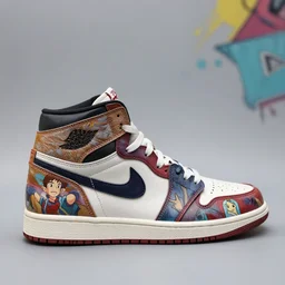 realistic sculpture of air jordan sneaker! design, sneaker design nike mag from back to the future ii, mixed with subway graffiti art, focus on sneakers only, shoes designed by akira toriyama and studio ghibli