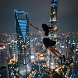 a girl flying upon shanghai lujiazui in the night, bird view, cityscape, rain, artstation, 8 k