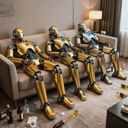 3 shiny golden and blue metallic futuristic steampunk humanoid robots sleeping on the sofa and floor in a modern hotel room with empty bottles all over the floor, messy, pressphoto, insanely detailed, wide shot