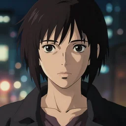 symmetrical!! a film portrait of an assassin woman, finely detailed features, bokeh, smooth, sharp focus, perfect art, night city background, cinematic lighting, highly detailed, intricate, anime, artstation, trending on pixiv fanbox, painted by greg rutkowski, studio ghibli, yoji shinkawa, hayao miyazaki