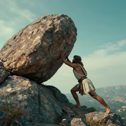 a greek god pushing a giant rock up a massive mountain, greek mythology, cinestill, synthwave, cinematic, octane, unreal engine