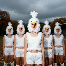 realistic photo portrait of the woman volleyball team white cotton fluffy bird white carnival costumes shorts, fluffy pigeon head face portrait, wood in autumn, grey dusk sky with black clouds 1 9 9 0, life magazine reportage photo,