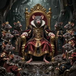 murky sewer scene with an evil rat sitting on a throne, surrounded by his court of rats, wearing elaborate reneissance clothing. trending on artstation, fantasy illustration, rat people, extremely detailed, grim