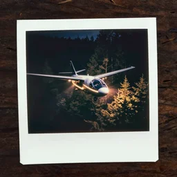 a sleek round aircraft with glowing lights flying over a forest at night, old polaroid, expired film,