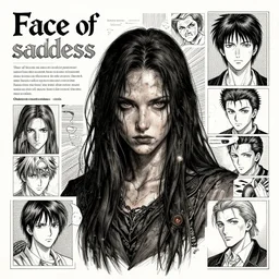 A detailed infographic, marginalia titled 'Face of sadness' description 'Order of the occult princess' portrait, character design, worn, dark, manga style, extremely high detail, photo realistic, pen and ink, intricate line drawings, by MC Escher, Yoshitaka Amano, Ruan Jia, Kentaro Miura, Artgerm, style by eddie mendoza, raphael lacoste, alex ross,
