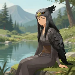 prompt Young harpy-girl, sitting at a pond, mountainous area, trees in the background, digital art