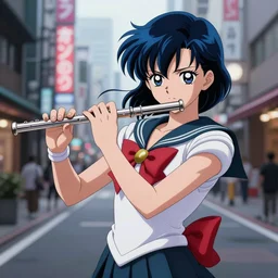sailor neptune plays on flute, background street neo - tokio, unreal render, hyper detailed drawing, intricate, anime key visual, manga, digital painting, artstation, hard focus, symmetry, illustration, landscape