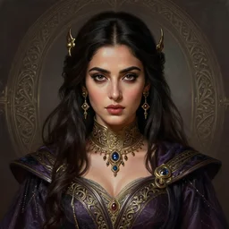 head-on centered symmetrical painted portrait, Mahira Khan as a D&D wizard, intricate fantasy robes, fantasy, intricate, elegant, highly detailed, digital painting, smooth, sharp focus, illustration, dramatic lighting, artstation, in the style of Artgerm and Anna Podedworna and Alex Ross