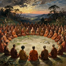john william godward painting of large crowd of monks with sitting in circular formation, art by yoshitaka amano, louise zhang,