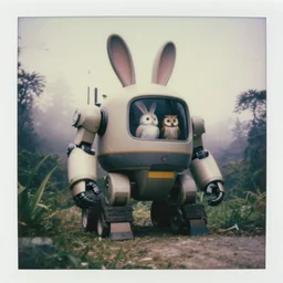 oversized battle rabbit robot chubby fatmech trailer wheels vehicle with big ears with rabbit and owl sitting inside, in jungle forest peak, full body, nighttime, cinematic focus, polaroid photo, vintage, neutral dull colors, soft lights, foggy, overcast by oleg oprisco, by thomas peschak, by discovery channel, by victor enrich, by gregory crewdson