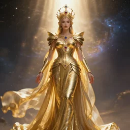 a goddess wearing a gold Armor and precious gemstones in her crown, flowing dress, light coming from behind, depth of field, concept art in the style of Daniel Dociu, full body, majestic and epic, towering over the universe
