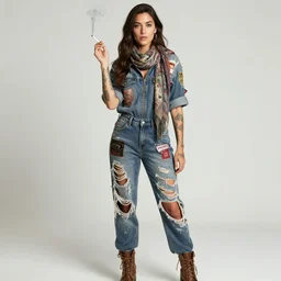 samara weaving as a wanderer with tattooed arms and legs wearing a scratched and partially ripped aviator outfit full of patches, sometimes wearing a scarf, smoking a cigarette, and wearing long and old leather boots, character sheet, details, props, concept design, contrast, kim jung gi, greg rutkowski, zabrocki, karlkka, jayison devadas, trending on artstation, 8 k, ultra wide angle, pincushion lens effect