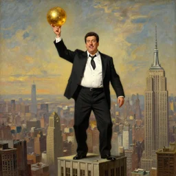 bioshock clumsy businessman adam sandler atop the skyscraper brandishing a golden orb oil painting winslow homer craig j. spearing thomas eakins greg rutkowski alexandre benois giotto maximilian pirner