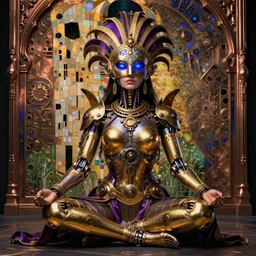 full body photo of a sitting meditating beautiful female steampunk half cyborg with a aztec venician carneval mask, artwork by james jean, hyperdetailed realistic gold and purple metallic, the eyes glow blue, jean delville, art nouveau, gustav klimt, ornate copper patina gothic icon, james jean, ultrasharp hyperdetailed photorealistic octane render