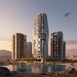 a beautiful hyperdetailed rendering of multi - family building nature abandoned urbex unfinished building architecture city by norman foster, solar wind sunset tundra synthwave desert lake scumm bar, archdaily, wallpaper, highly detailed, trending on artstation.