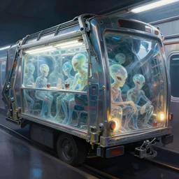 cyberpunk detail painting of subway garbage car full of translucent aliens by dinner, deep displacement, back light, reflections, raytracing, raymarching, subsurface scattering, digital art, painted by alan lee