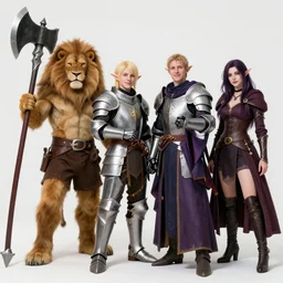 4 disguised cosplayers, lion humanoid with giant axe and shorts, elf knight, young half elf wizard, tiefling female warlock, d & d party, happy