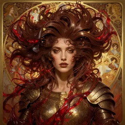 song of the hurricane of a swirling realm, detailed beauty face portrait, chocolate, crimson water, gold. opulent swirling hair, intricate background, armor, fantasy art by peter morebacher, greg rutkowski, craig mullins, ruan jia, thomas kinkade, victor ngai, james jean, gustav klimt, alphonse mucha, unreal engine, blender, octane, ray