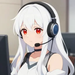 anime portrait of white long haired red eyed young cute girl wearing headset by shirabii