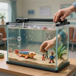 fish tank in hospital waiting room. plasticine model of newt. figures clay. weird. hands in tank surreal. tank with sand. strange. bubbles. tilt shift. tank. photorealistic.