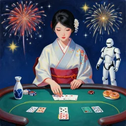 woman in a japanese kimono sitting at an extremely detailed poker table with the startrooper, sake, donuts on the table, fireworks and stars on the background, by roy liechtestein, canvas, acrylic paint, cool color palette, 4 k, ultra - hd