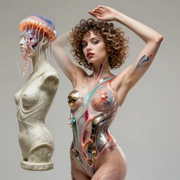 Vass Roland cover art body art arms up armpit hand behind head pose future bass girl unwrapped smooth armpits body unfolds statue bust curls of hair petite lush front and side view body photography model full body curly jellyfish lips art contrast vibrant futuristic fabric skin jellyfish material metal veins style of Jonathan Zawada, Thisset colours simple background objective