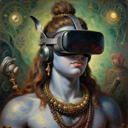 highely detailed potrait of shiva with high tec vr headset, painting by gaston bussiere, craig mullins, j. c. leyendecker, lights, art by ernst haeckel, john william godward, hammershøi,