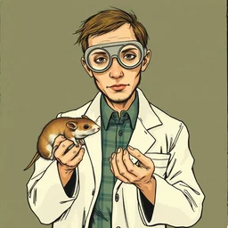 a person in a lab coat and goggles holding a mouse. illustration by edward gorey