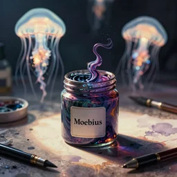 airbrush of sealed jar of swirling ink shimmering on a desk near glowing jellyfish, dramatic afternoon lighting, intense watercolor, heavy metal, by moebius