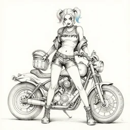 concpet art, full shot, traditional ink, sketch, of harley quinn, line sketch, intricate, elegant, highly detailed, monochrome, digital painting, artstation, concept art, sharp focus, illustration, art by borderlands 3 and peter polach