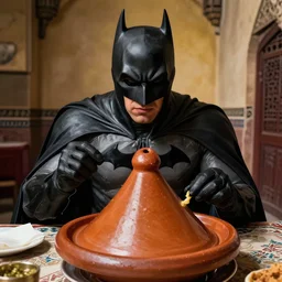 Batman eat tajine in fez morrocco, digital art,ultra realistic,ultra detailed,art by greg rutkowski
