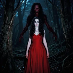 artgerm, edwin austen abbey, full body, pretty alyson hannigan, evil dead demon, evil dead movie, red dress, symmetrical eyes, symmetrical face, long curly black hair, trees, forest, branches, cinematic lighting, evil dead creature, scary, blood