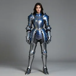 full body photo of a beautiful woman wearing sapphire encrusted armour